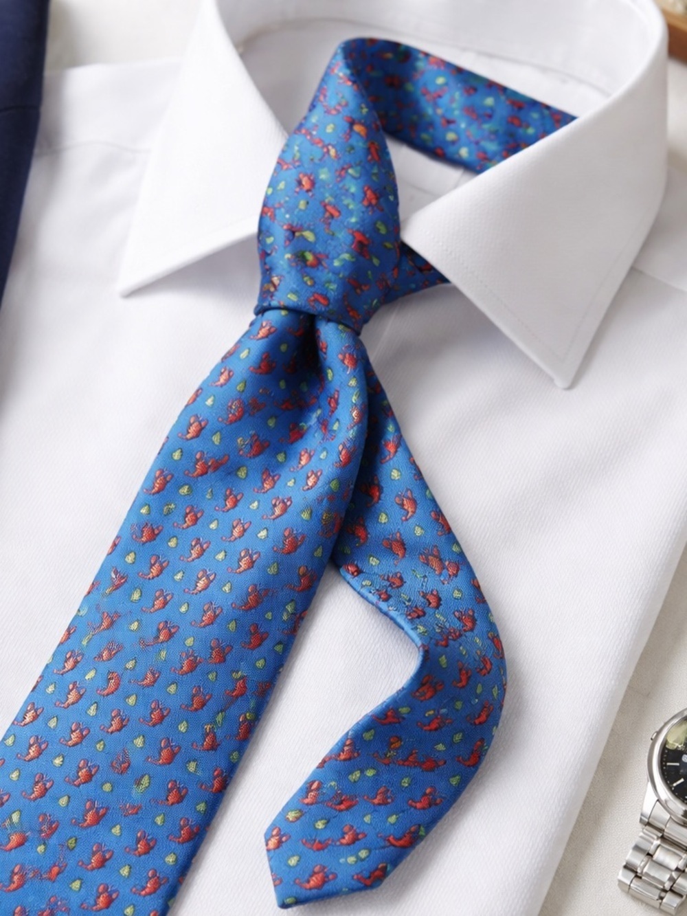 J. Crew Vintage Lobsters and Lemon Motif Blue 100% Silk Tie Made in USA